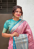 Baby Pink Kanjivaram Tissue Silk Traditional Zari Woven Saree