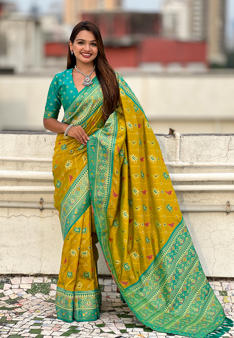 Mehendi Green Soft Silk Zari Woven Patola Leheriya Saree with Contrast Weaves