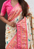 Cream Soft Silk Zari Woven Patola Leheriya Saree with Contrast Weaves