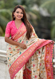 Cream Soft Silk Zari Woven Patola Leheriya Saree with Contrast Weaves