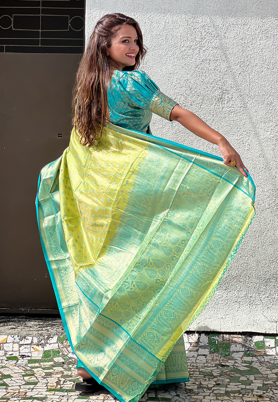 Green Kanjivaram Tissue Silk Traditional Zari Woven Saree