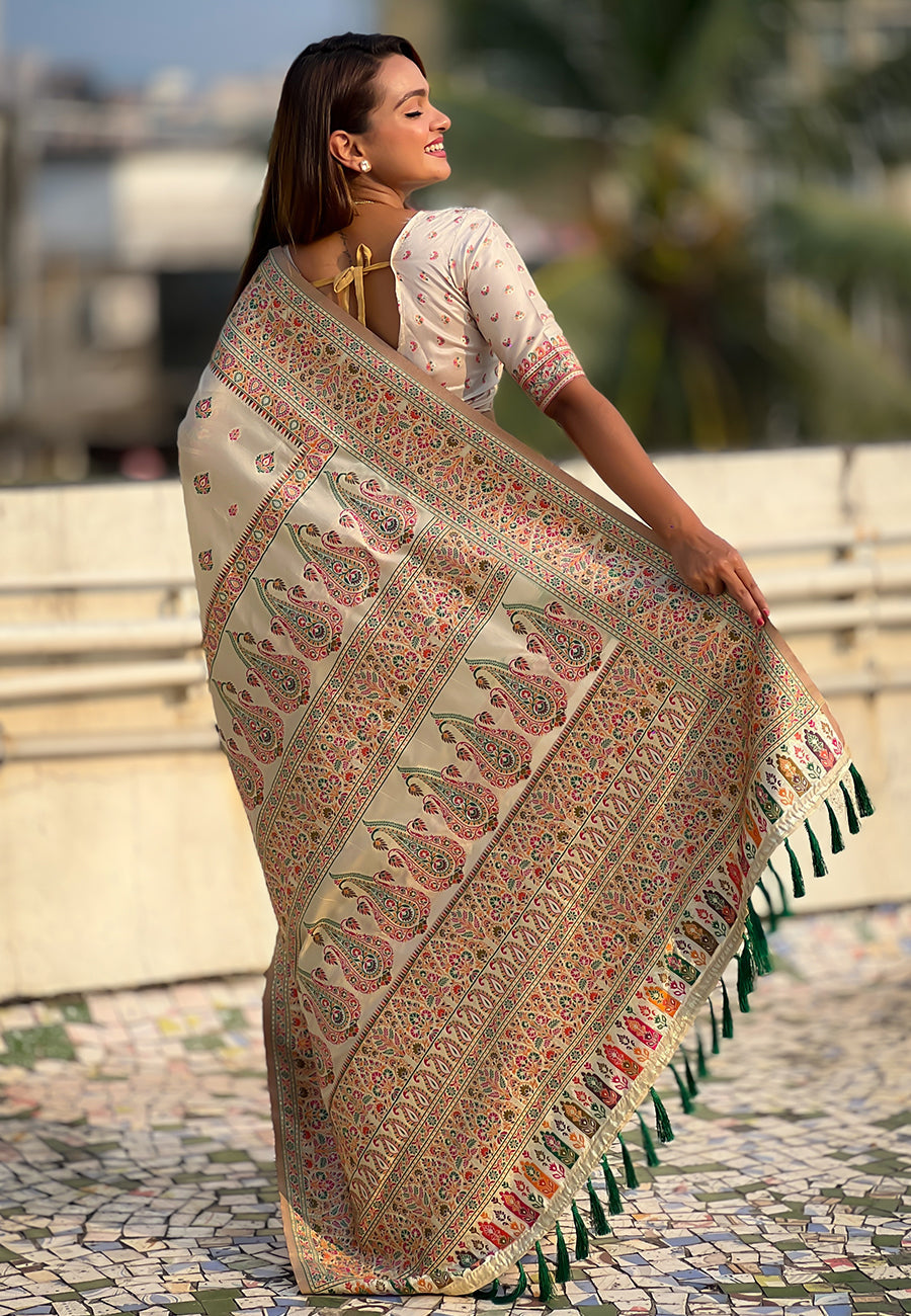 Cream Pashmina Kashmiri Silk Zari Woven Saree