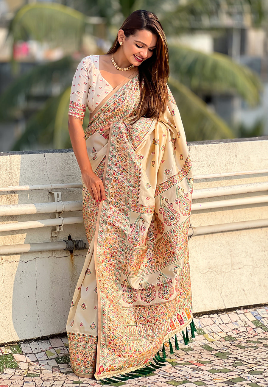 Cream Pashmina Kashmiri Silk Zari Woven Saree