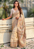 Cream Pashmina Kashmiri Silk Zari Woven Saree