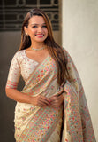 Cream Pashmina Kashmiri Silk Zari Woven Saree