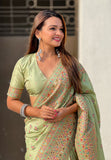 Pistachio Green Pashmina Kashmiri Silk Zari Woven Saree