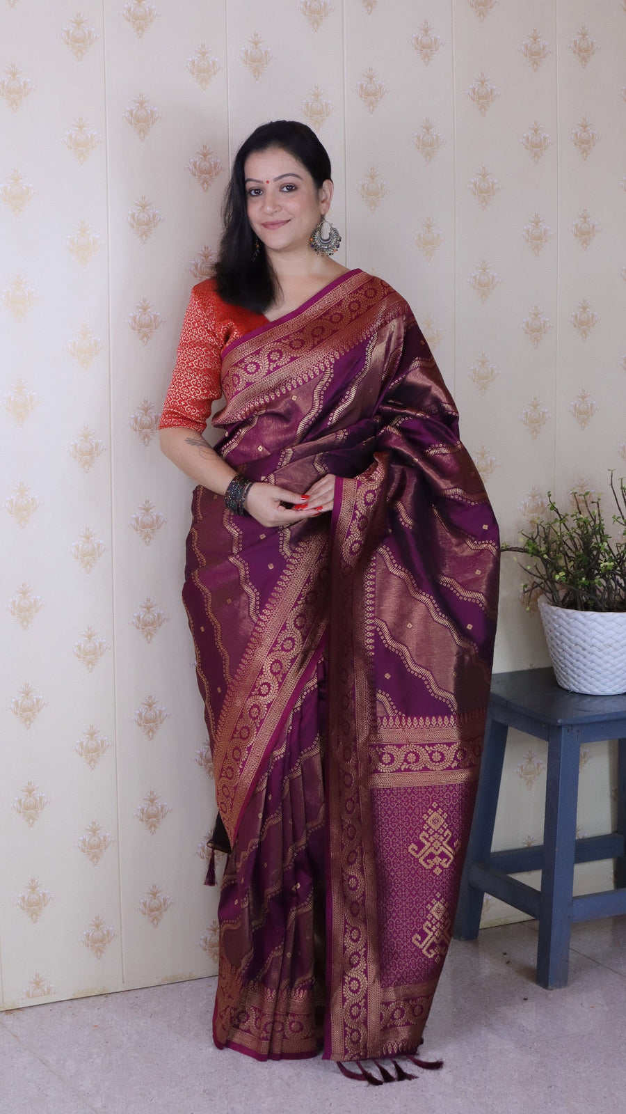 Dark Wine Soft Silk Bandhani Leheriya Zari Woven Saree