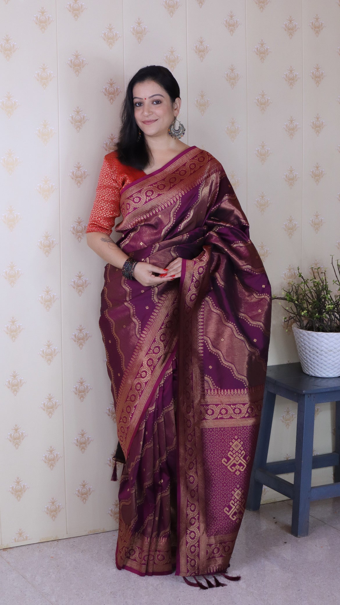 Dark Wine Soft Silk Bandhani Leheriya Zari Woven Saree