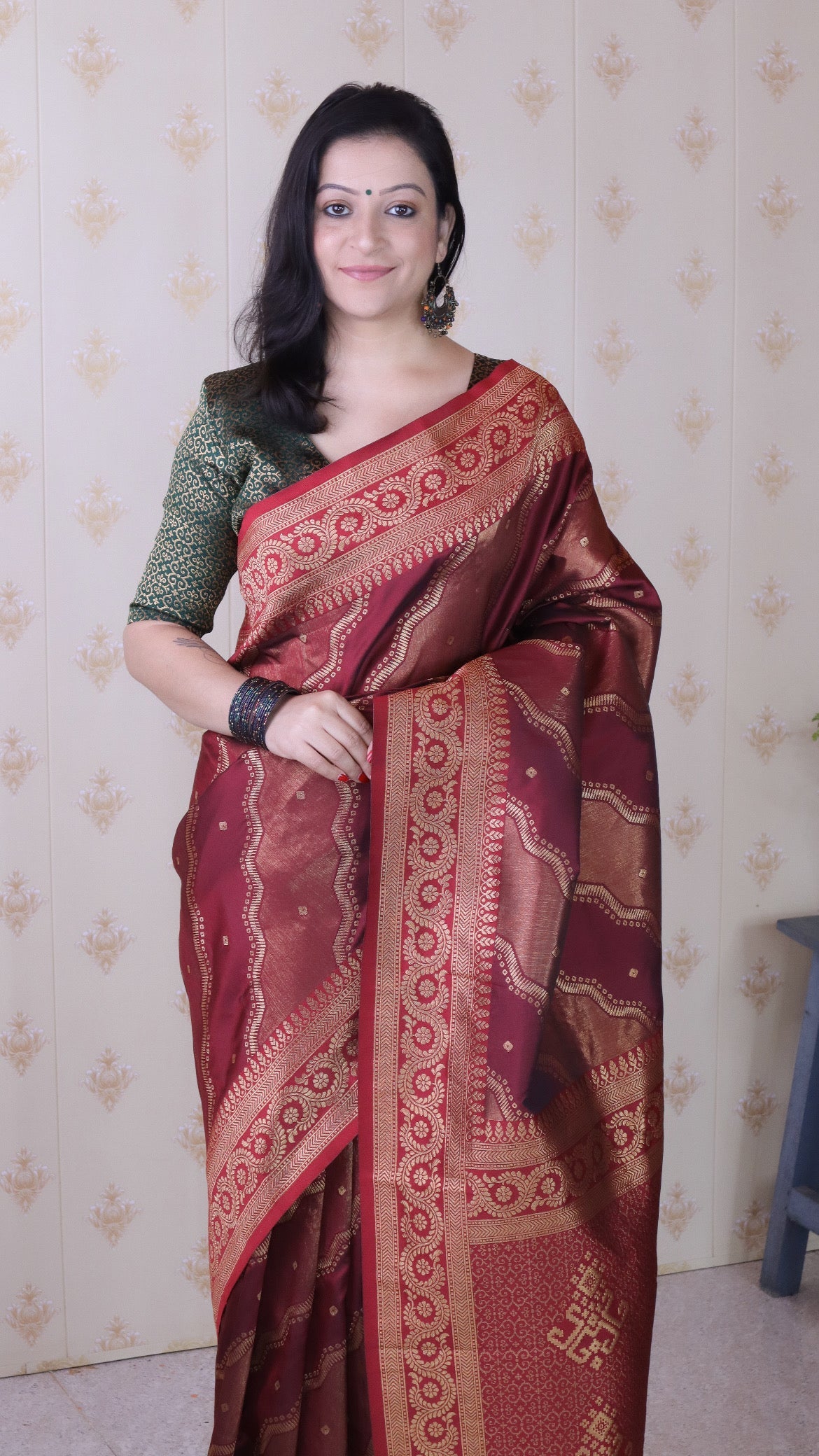 Maroon Soft Silk Bandhani Leheriya Zari Woven Saree