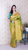 Mehendi Green Soft Silk Bandhani Leheriya Zari Woven Saree