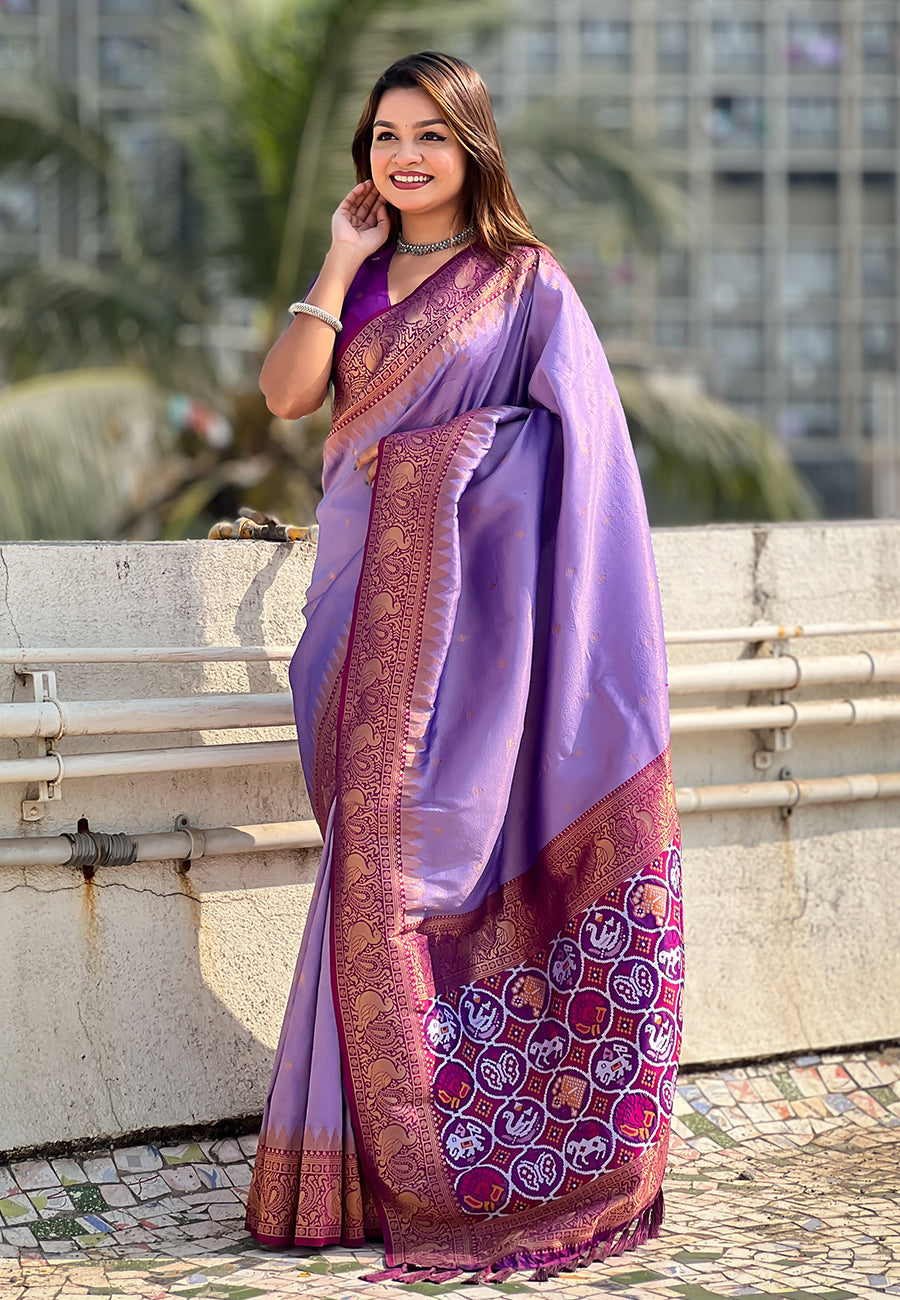 Lavender Pure Tissue Zari Woven Patola Saree with Contrast Weaves