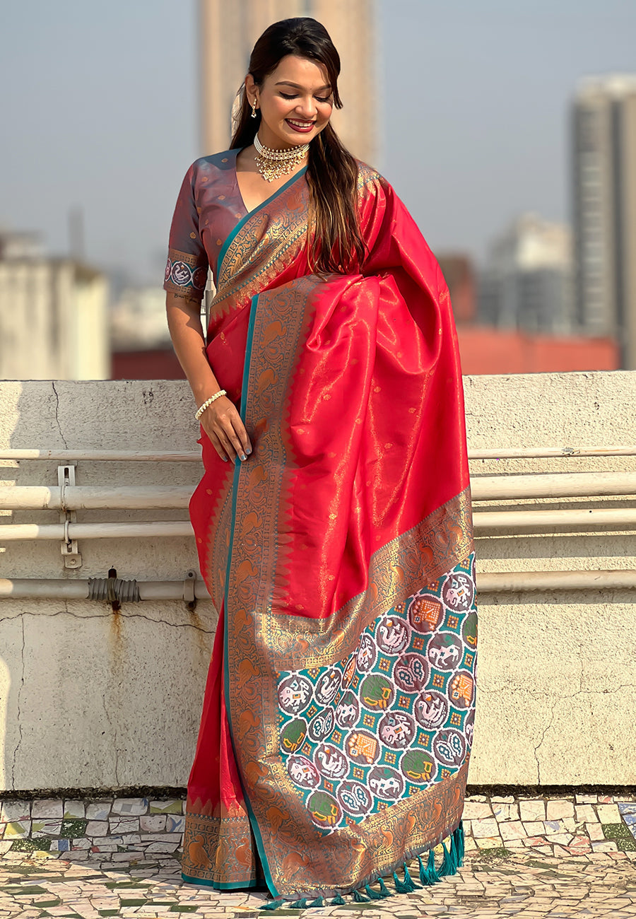 Pink Pure Tissue Zari Woven Patola Saree with Contrast Weaves