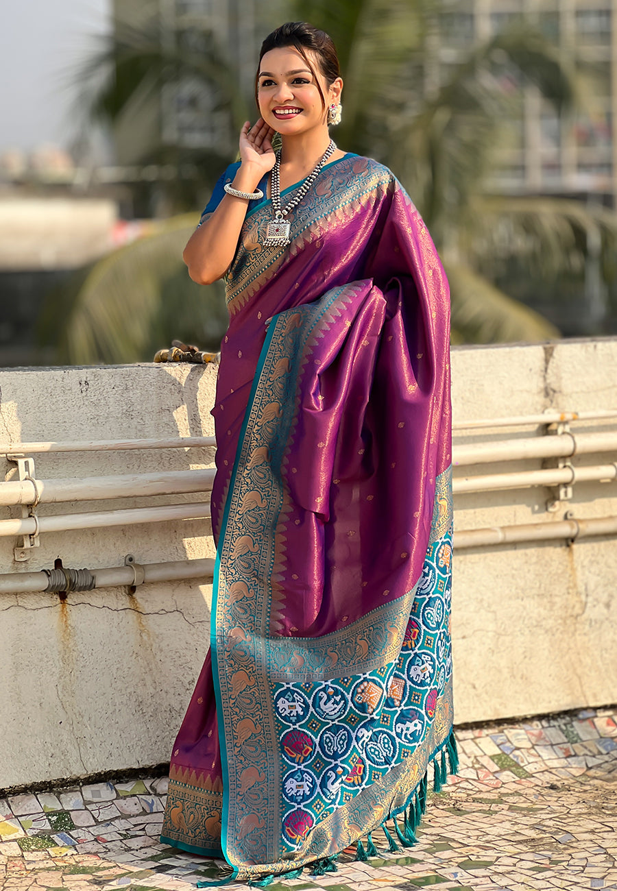 Purple Pure Tissue Zari Woven Patola Saree with Contrast Weaves