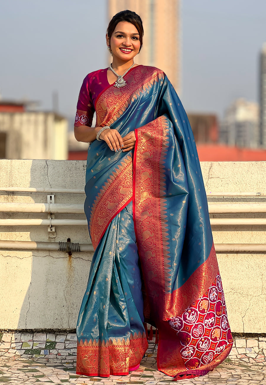 Blue Pure Tissue Zari Woven Patola Saree with Contrast Weaves