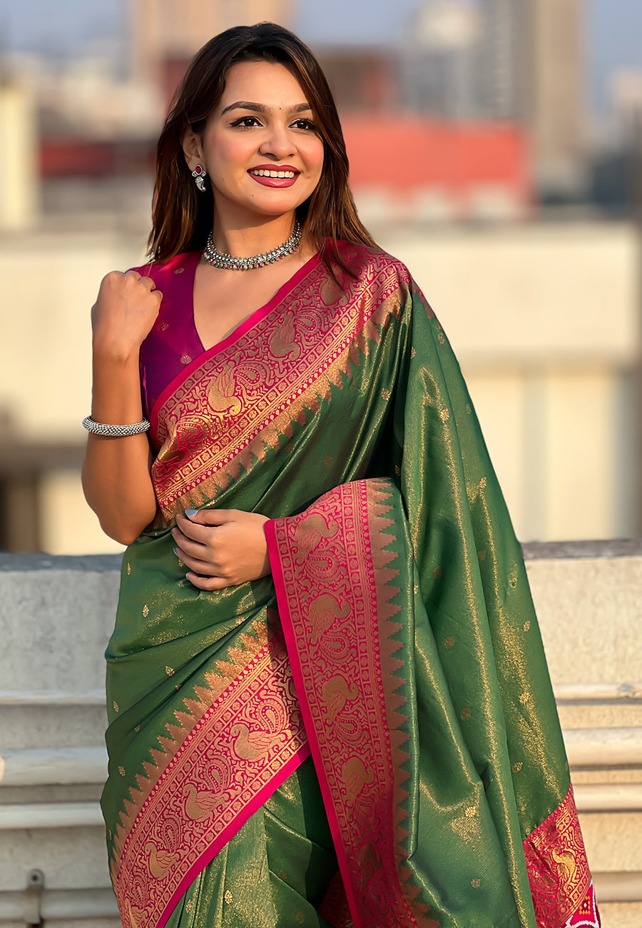 Mehendi Green Pure Tissue Zari Woven Patola Saree with Contrast Weaves