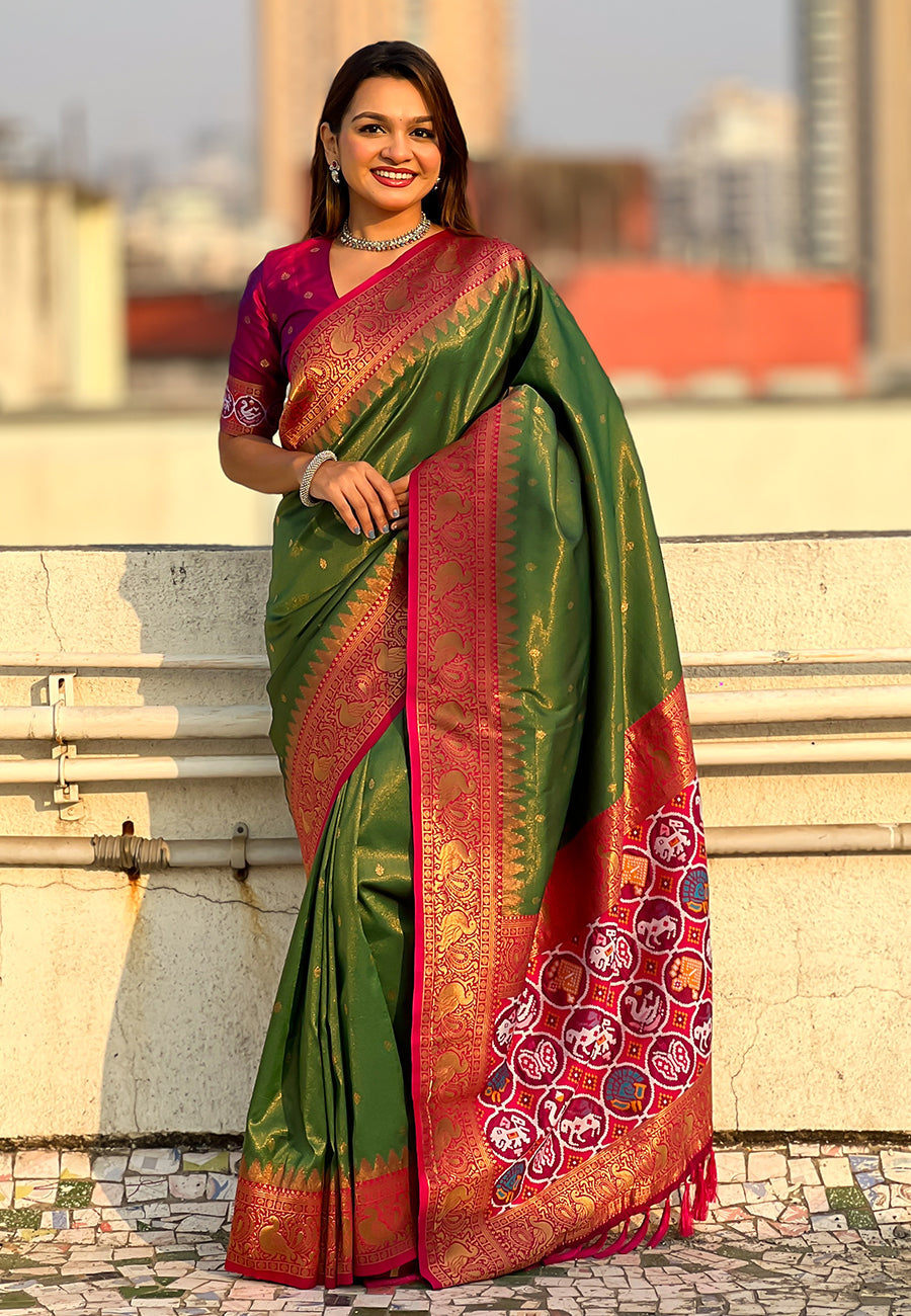 Mehendi Green Pure Tissue Zari Woven Patola Saree with Contrast Weaves