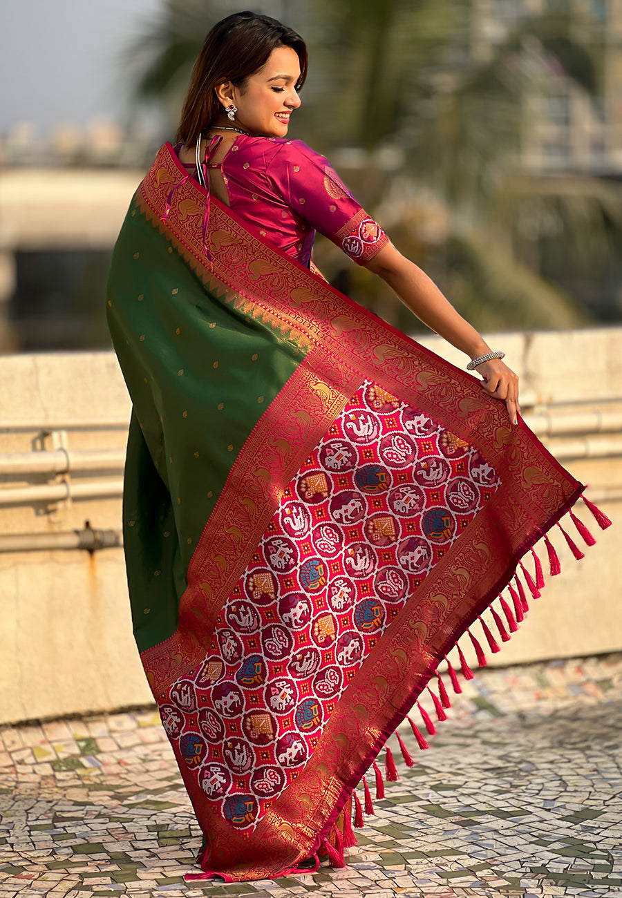 Mehendi Green Pure Tissue Zari Woven Patola Saree with Contrast Weaves