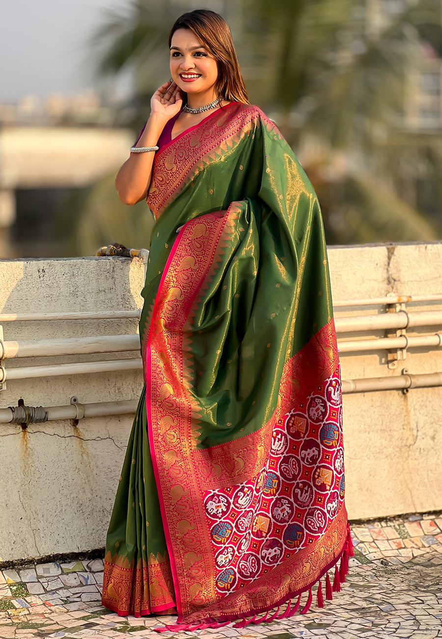 Mehendi Green Pure Tissue Zari Woven Patola Saree with Contrast Weaves