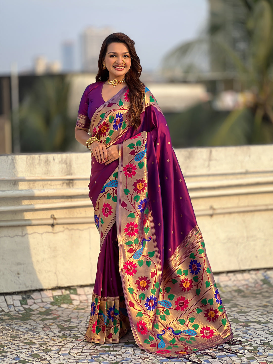 Wine Big Border Paithani Silk Zari Woven Saree