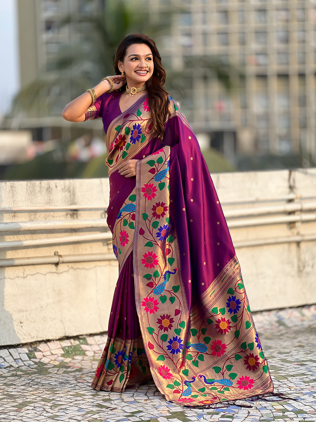 Wine Big Border Paithani Silk Zari Woven Saree