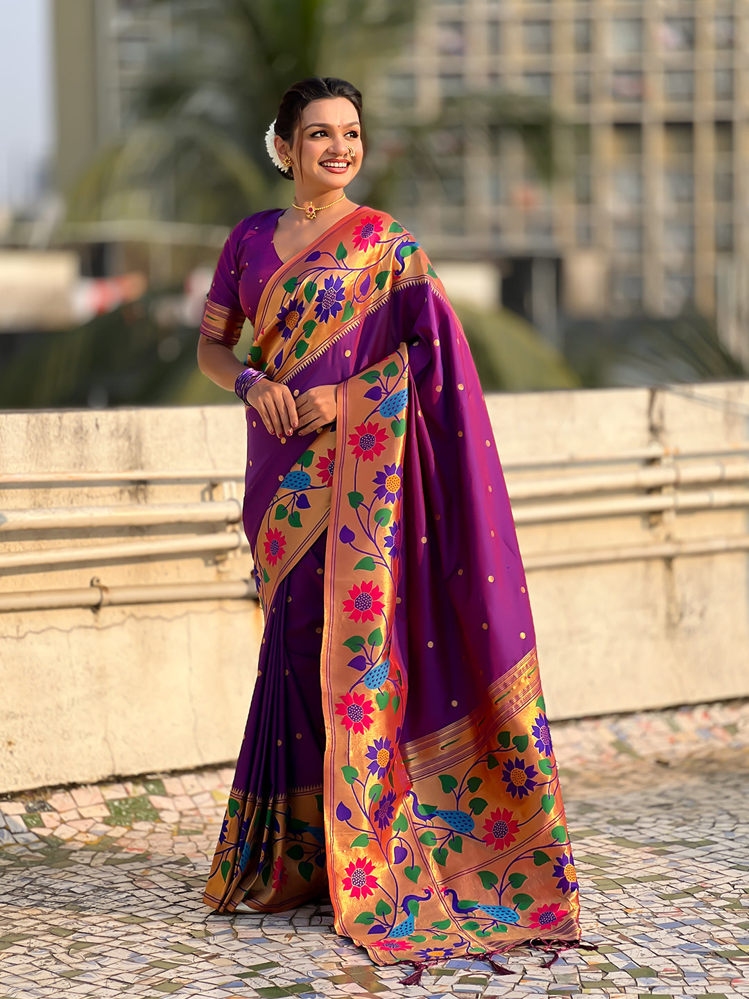 Purple Big Border Paithani Silk Zari Woven Saree
