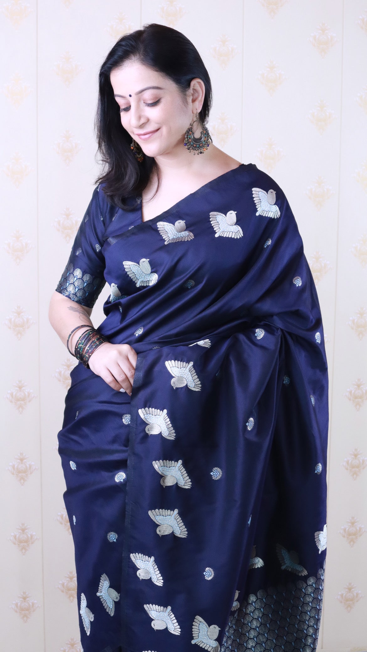 Navy Blue Soft Silk Dual Zari Woven Saree with Bird Border
