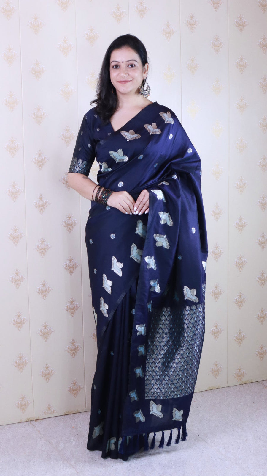 Navy Blue Soft Silk Dual Zari Woven Saree with Bird Border