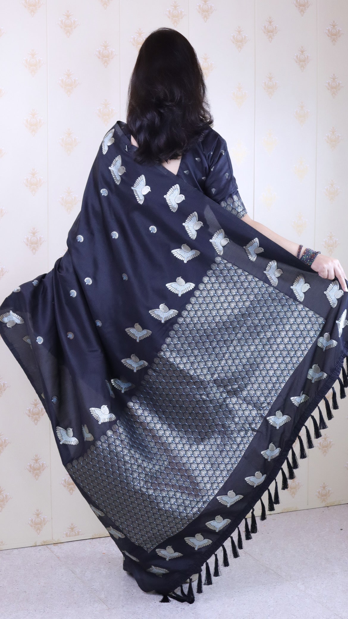 Black Soft Silk Dual Zari Woven Saree with Bird Border