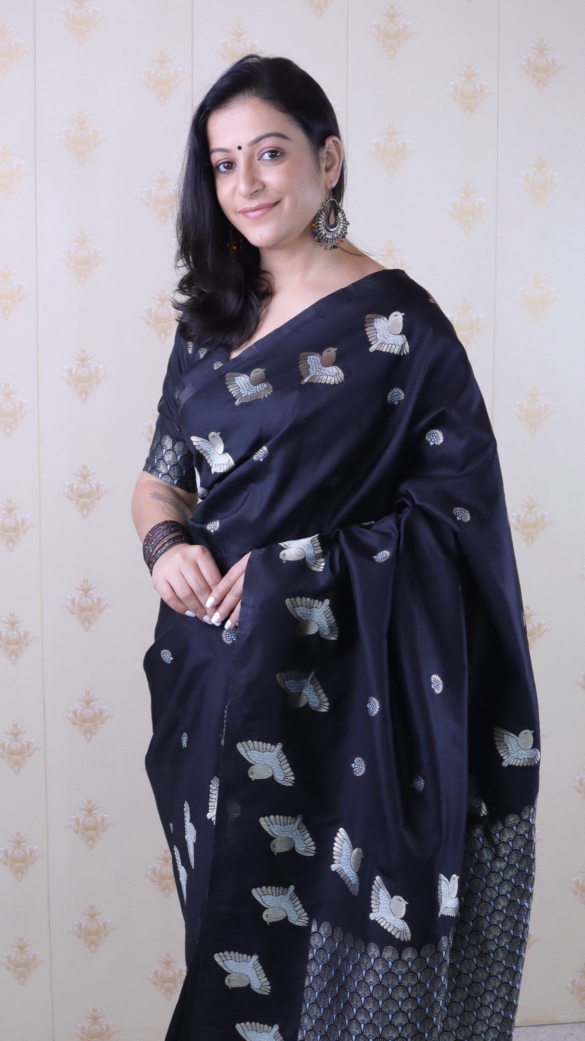 Black Soft Silk Dual Zari Woven Saree with Bird Border