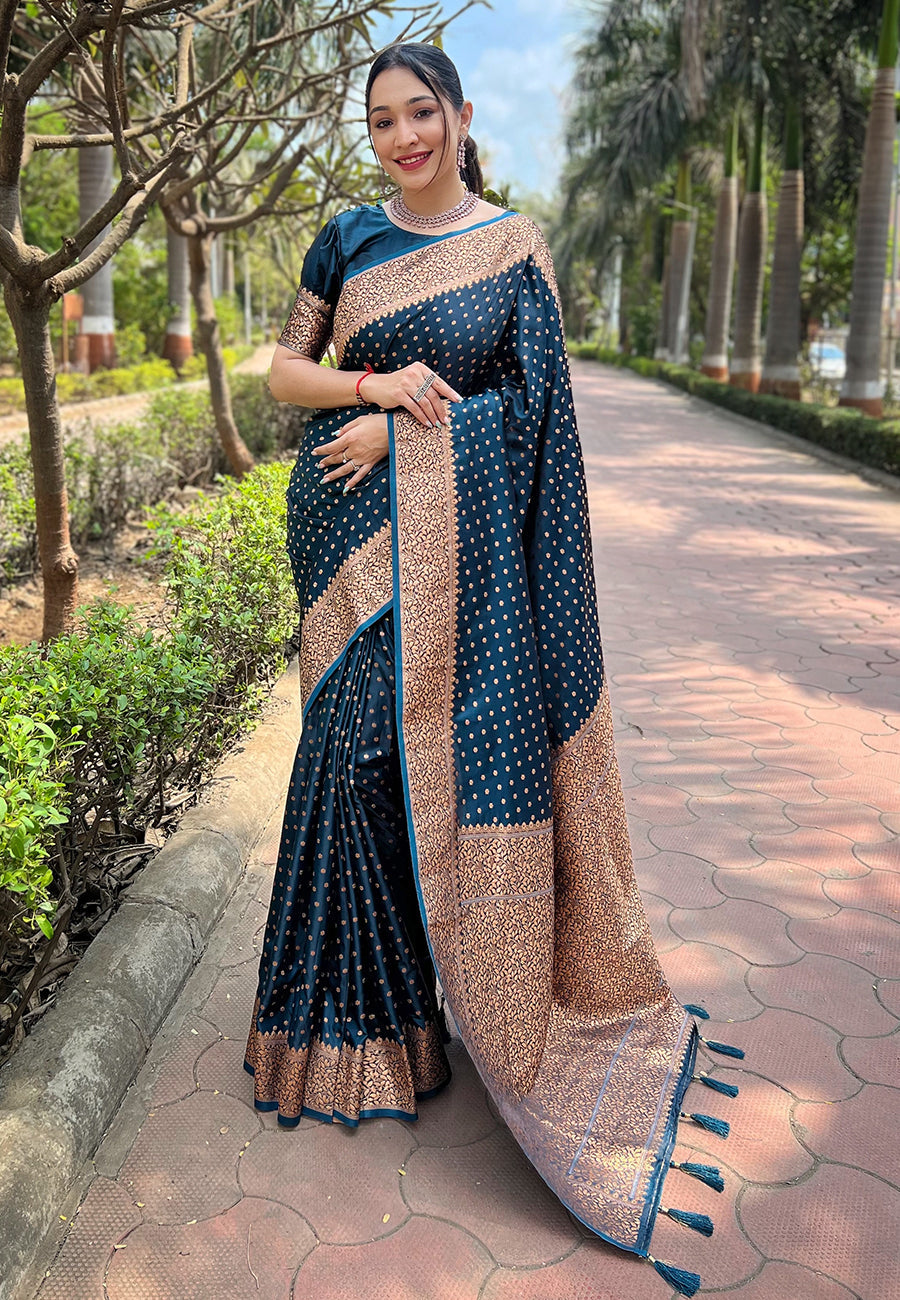 denim blue Katan silk saree with zari weaving