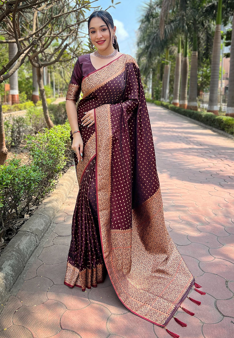 maroon Katan silk Banarasi saree with zari jaal