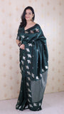 Bottle Green Soft Silk Dual Zari Woven Saree with Bird Border
