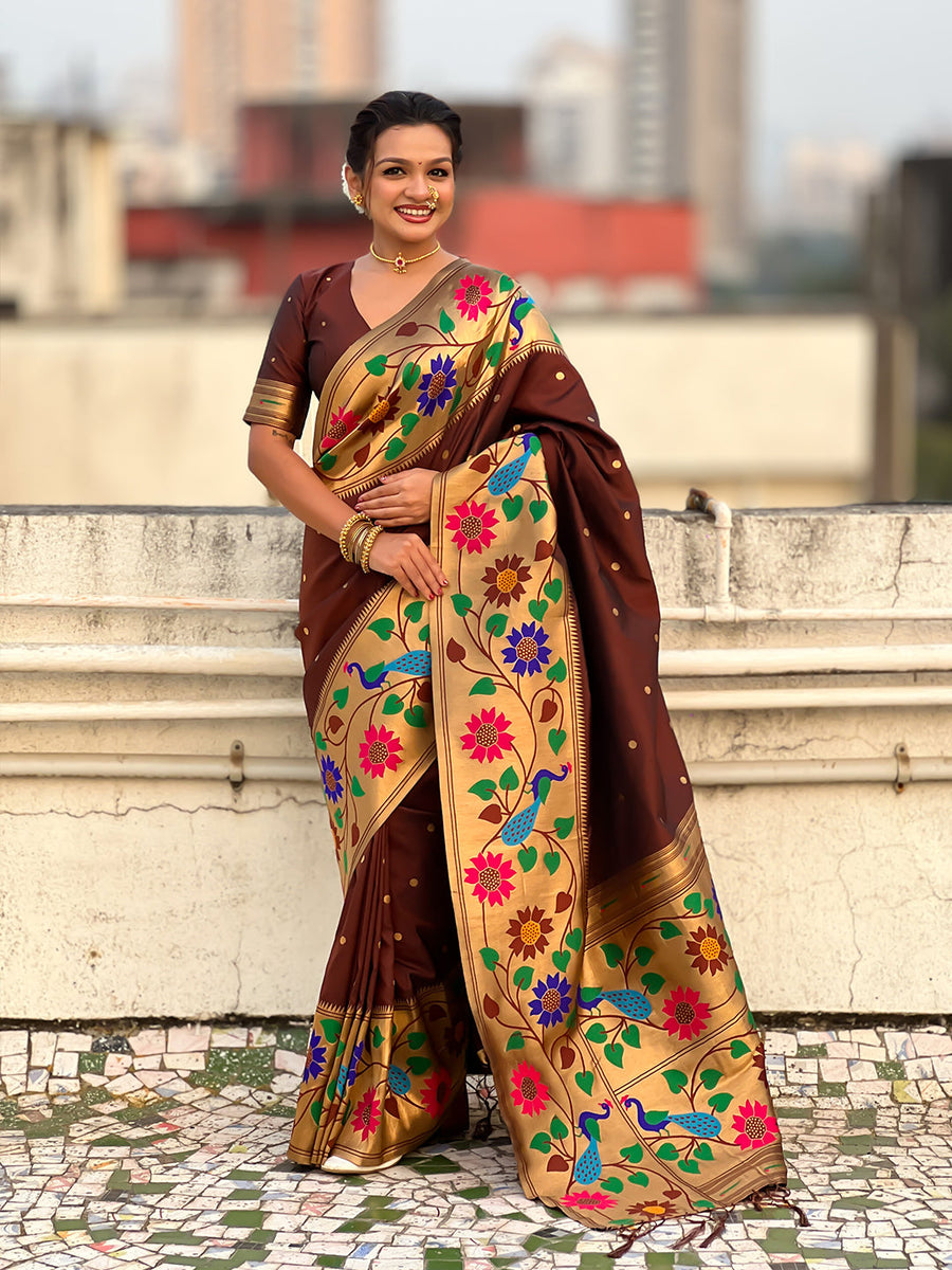 Coffee Big Border Paithani Silk Zari Woven Saree