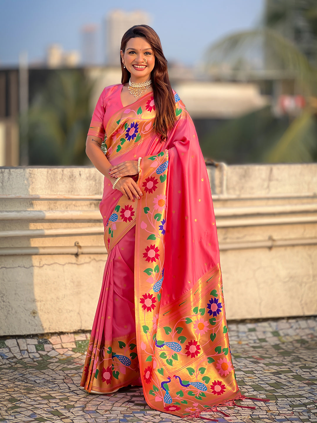 Baby Pink Big Border Paithani Silk Zari Woven Saree