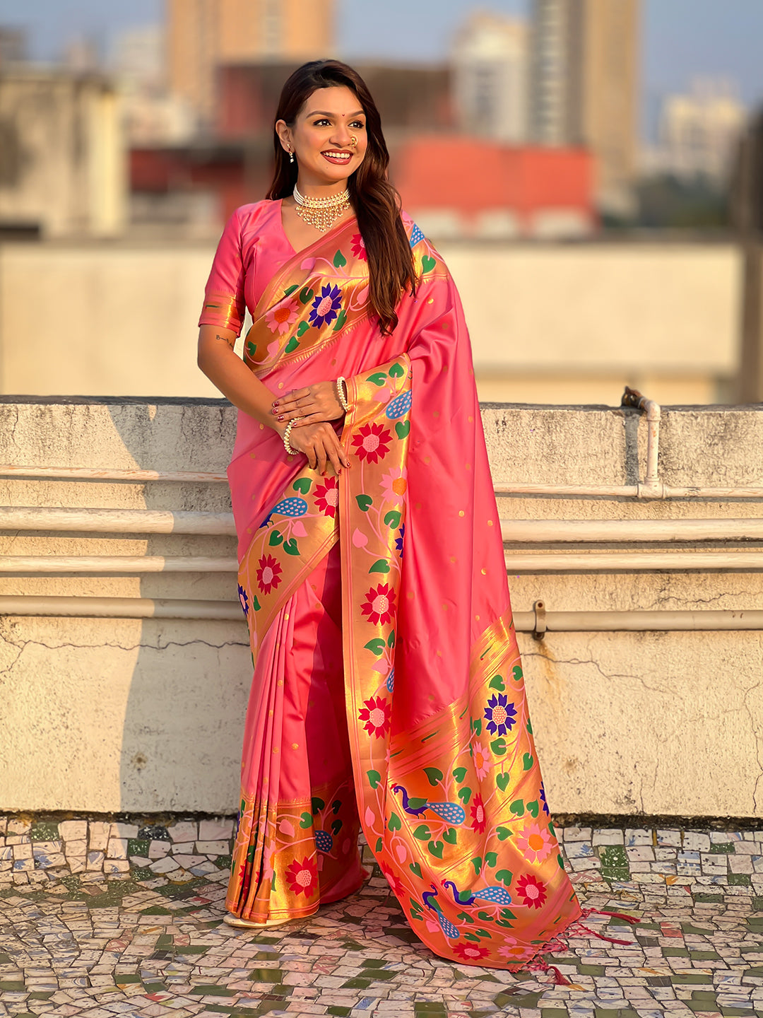 Baby Pink Big Border Paithani Silk Zari Woven Saree