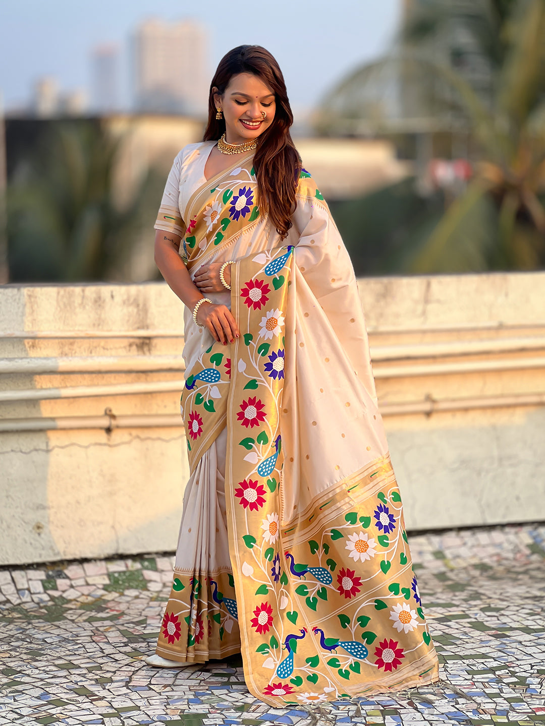Cream Big Border Paithani Silk Zari Woven Saree