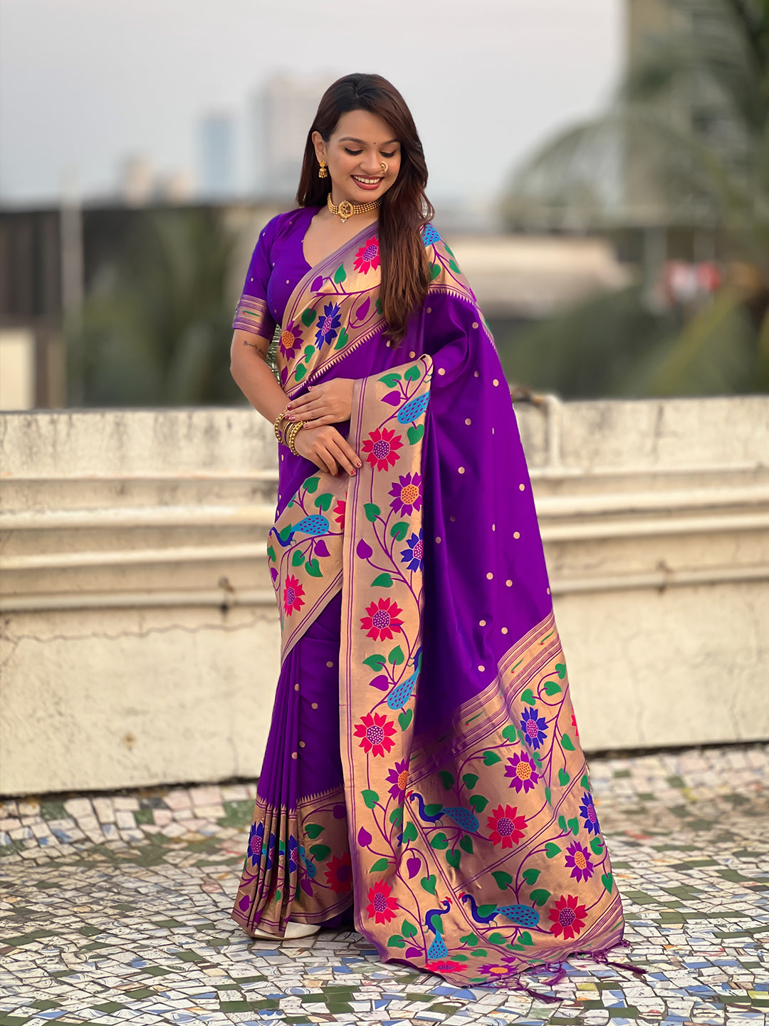Purple Big Border Paithani Silk Zari Woven Saree