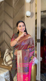 Coffee Soft Silk Ikkat Patola Saree with Meenakari Motifs Peacock Pallu and Gold Zari Border