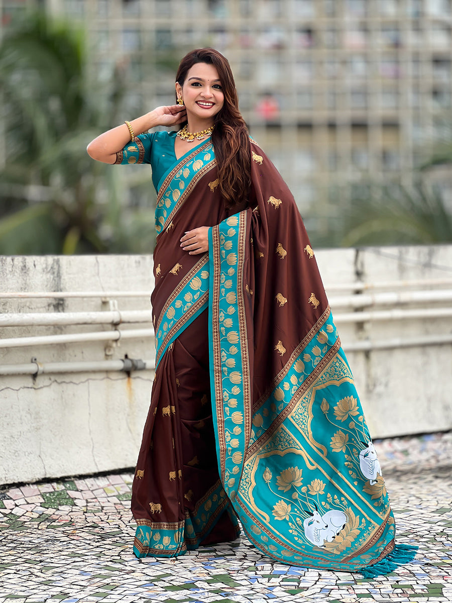 Coffee Brown Soft Silk Pichwai Traditional Zari Woven Saree