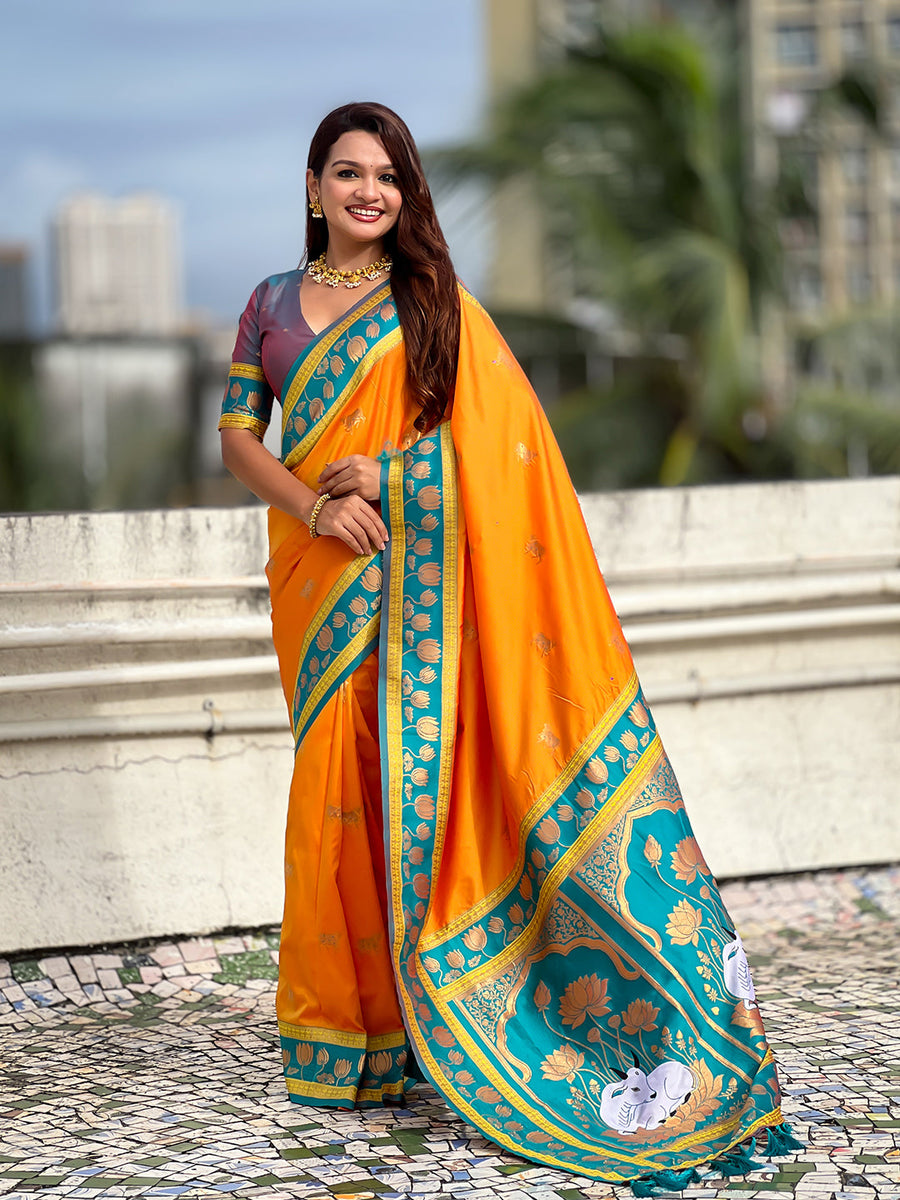 Orange Soft Silk Pichwai Traditional Zari Woven Saree