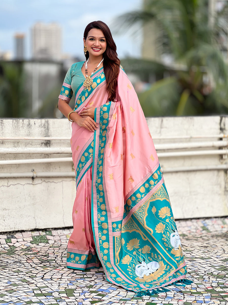 Baby Pink Soft Silk Pichwai Traditional Zari Woven Saree