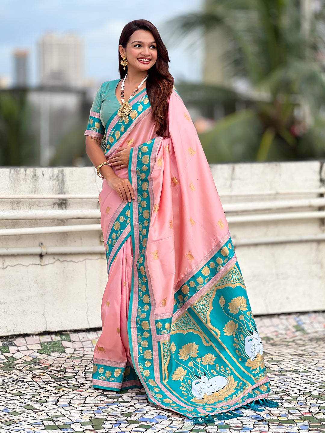 Baby Pink Soft Silk Pichwai Traditional Zari Woven Saree