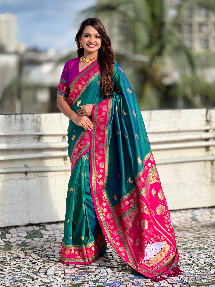 Green Soft Silk Pichwai Traditional Zari Woven Saree