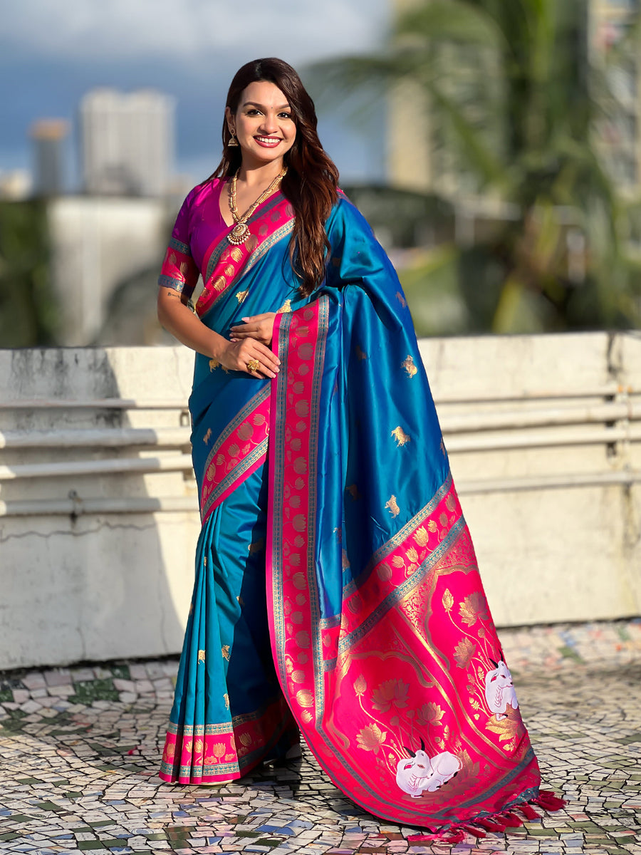 Blue Soft Silk Pichwai Traditional Zari Woven Saree