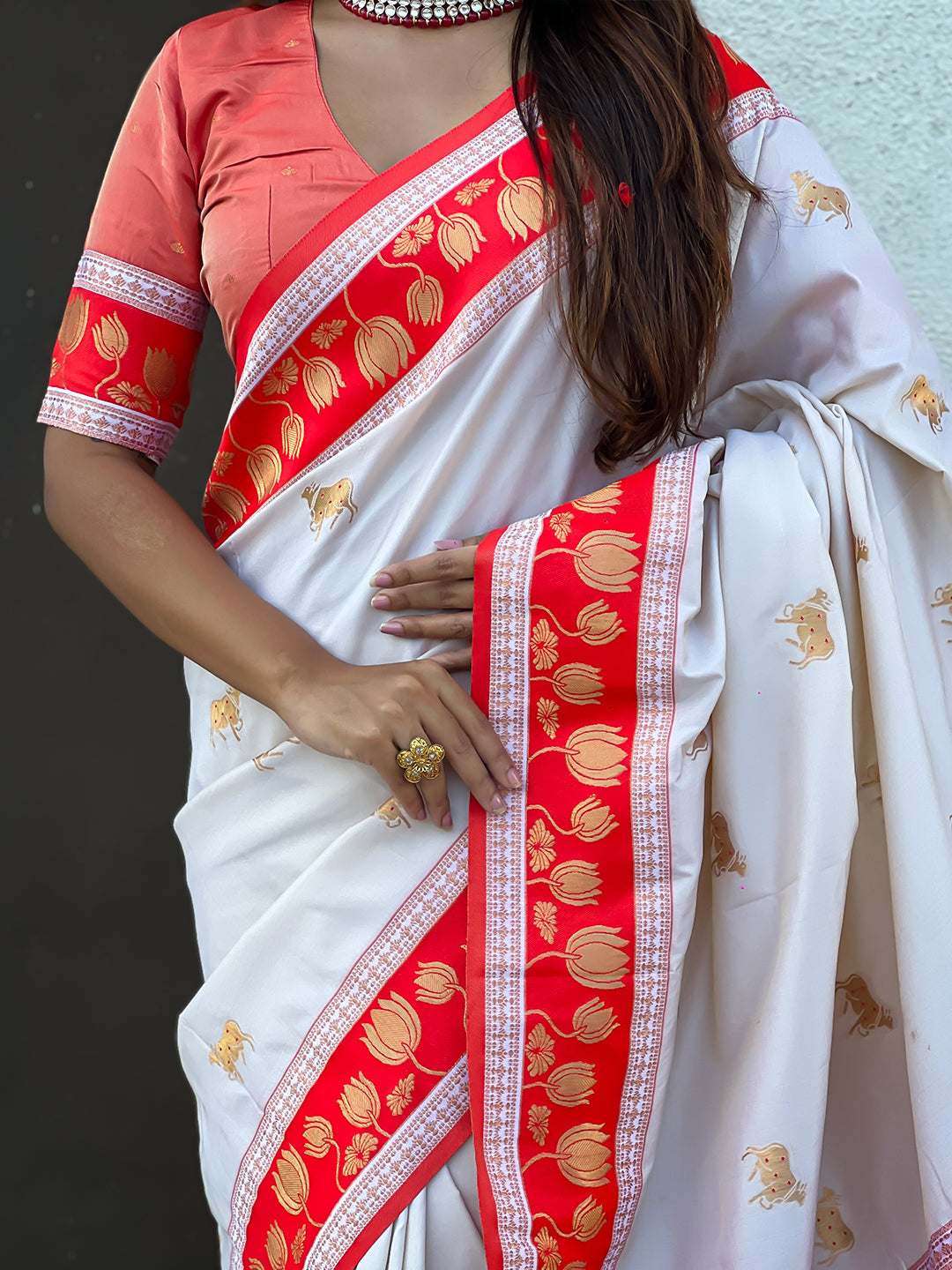 Cream Soft Silk Pichwai Traditional Zari Woven Saree