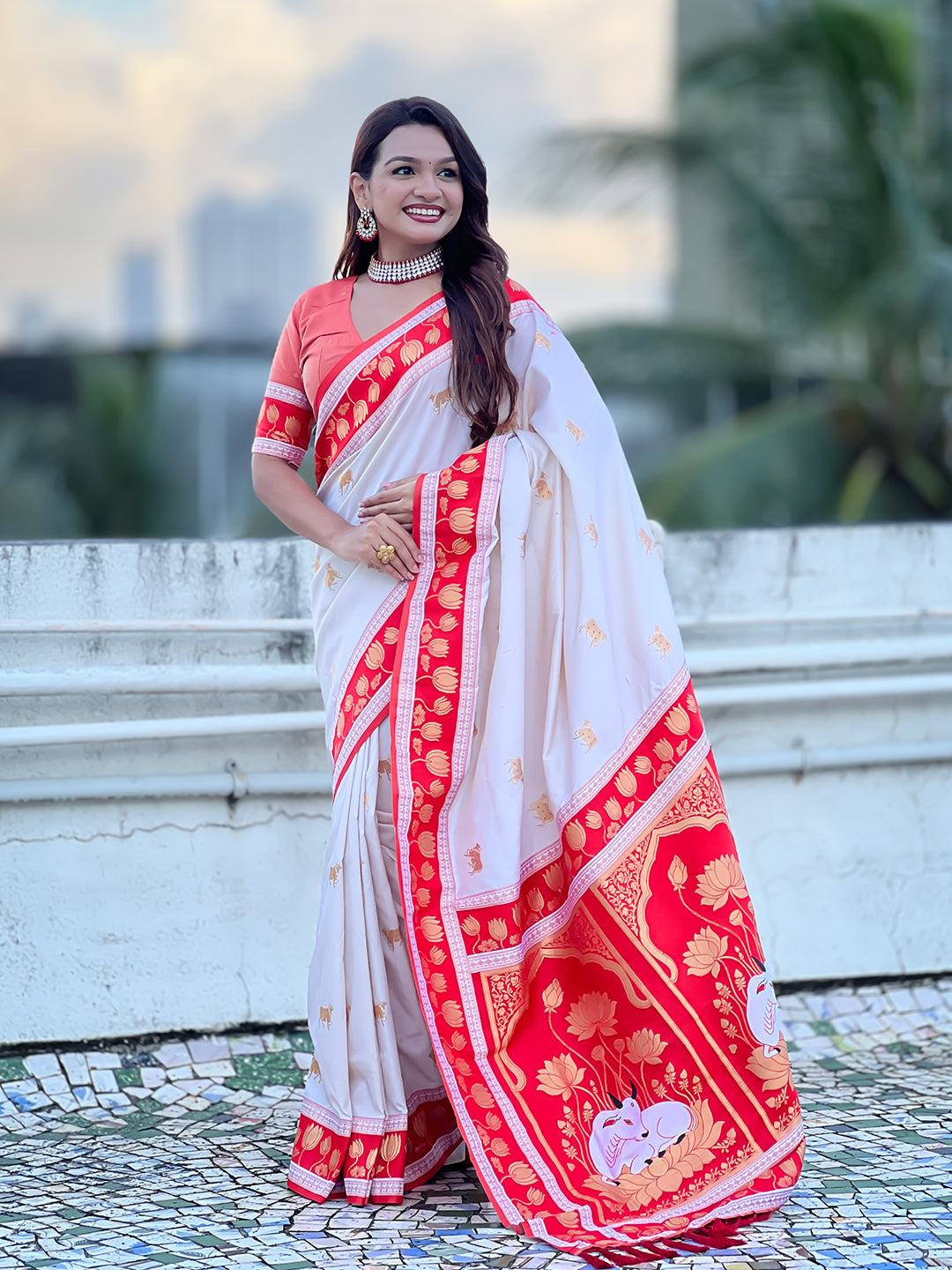 Cream Soft Silk Pichwai Traditional Zari Woven Saree