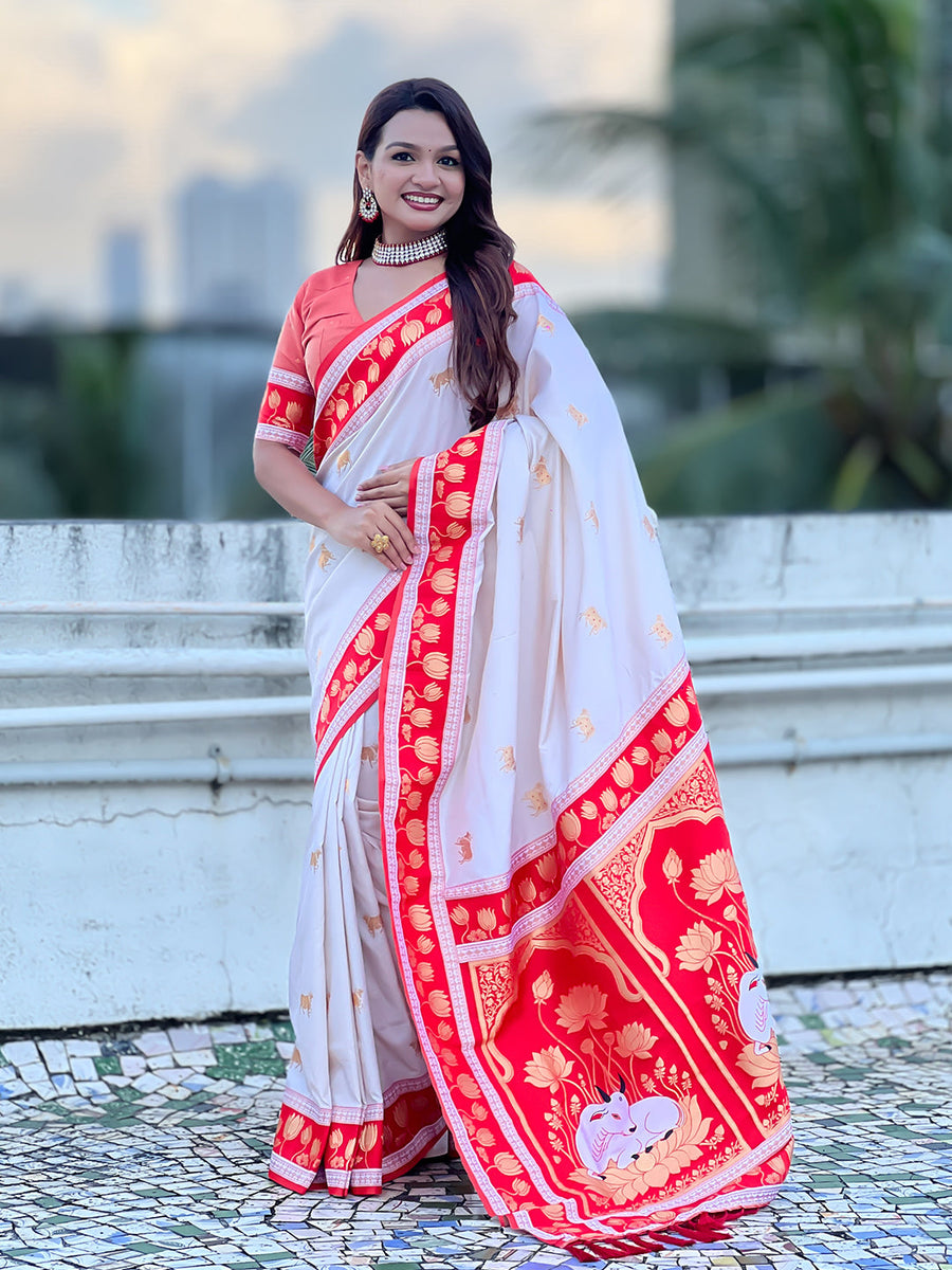 Cream Soft Silk Pichwai Traditional Zari Woven Saree