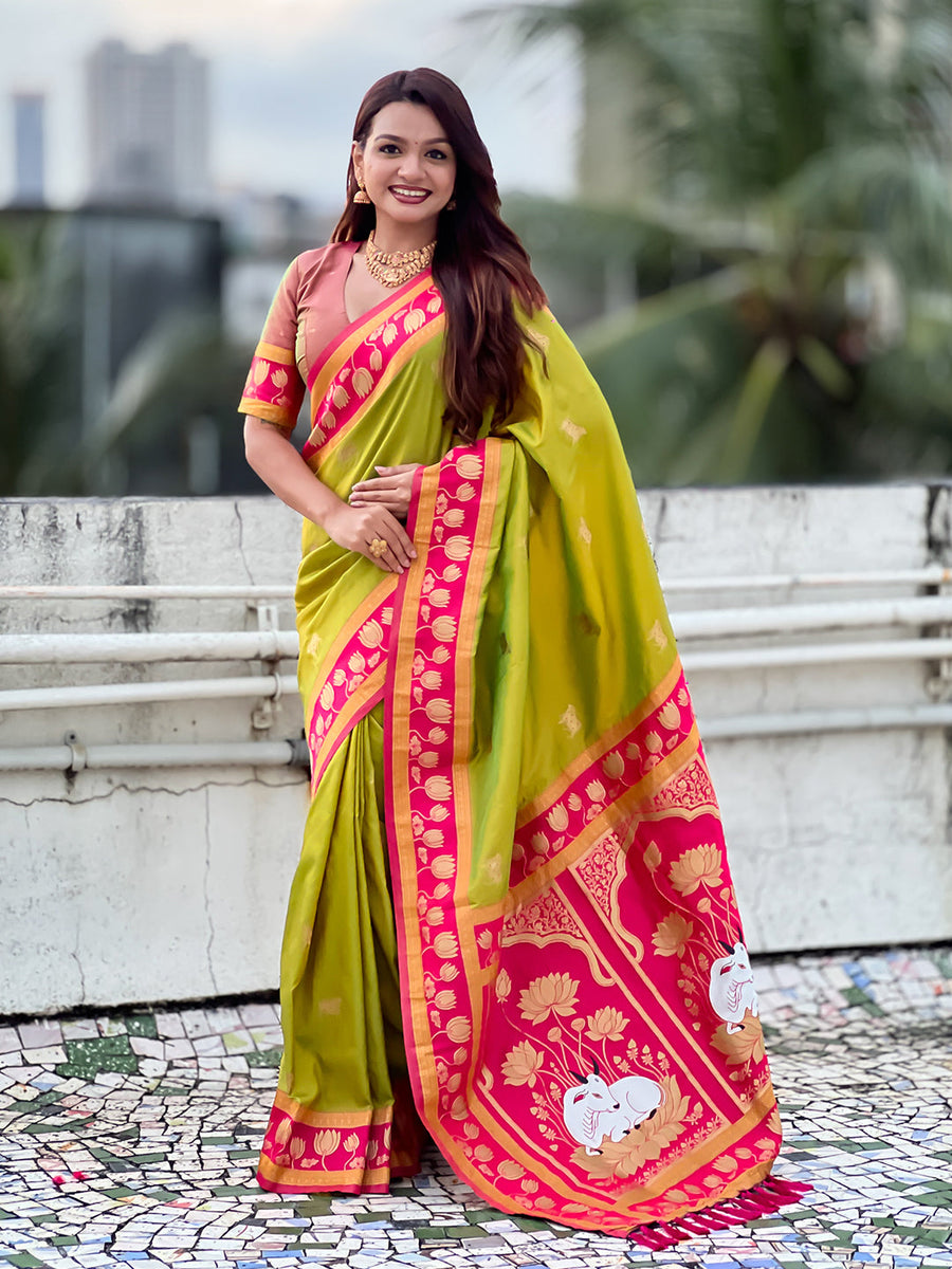 Mehendi Green Soft Silk Pichwai Traditional Zari Woven Saree