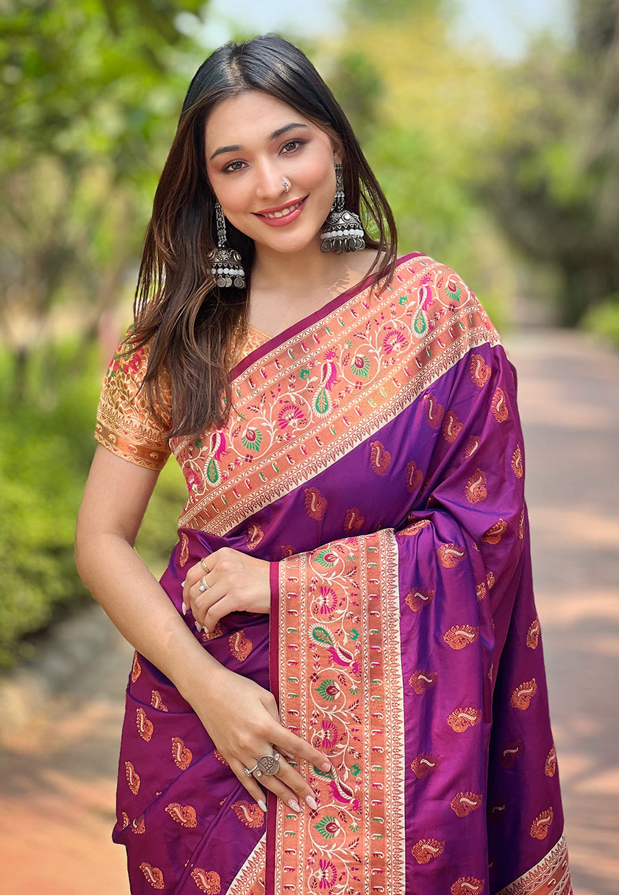 Purple Original Maharashtrian Meenakari Yeola Paithani Silk Zari Woven Saree