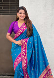 Rama Blue Zari Woven Rajhans Swan Paithani Silk Saree